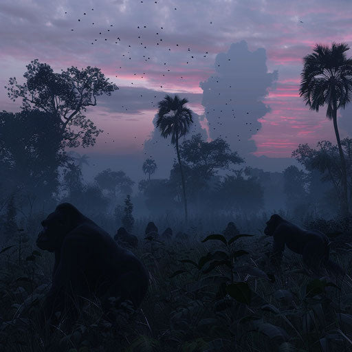 Gorillas forage for food at dawn