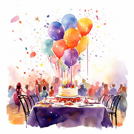 Birthday party illustration in the style of Impressionistic Art, on white background