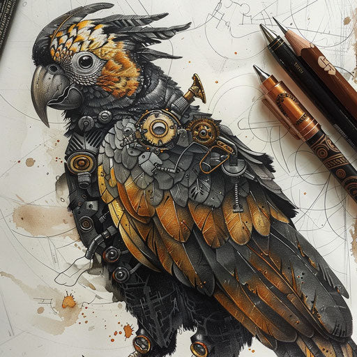 Steampunk tattoo sketch of a yellow-tailed black cockatoo