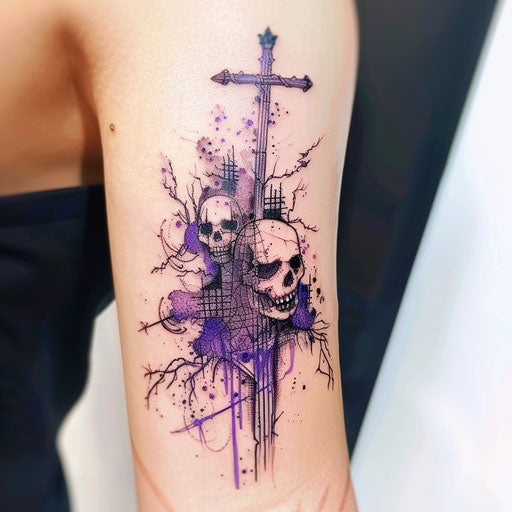 Horror-themed lilac tattoo with eerie purple shades and spooky elements