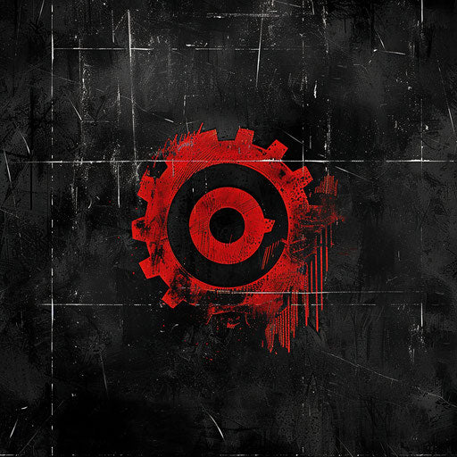 Industrial company logo with rugged textures and bold fonts, using black and red tones