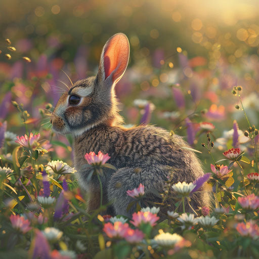 Rabbit in a field of wildflowers and warm sun