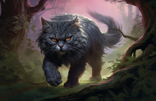 Grey cat walking near trees, dark silver and light magenta style