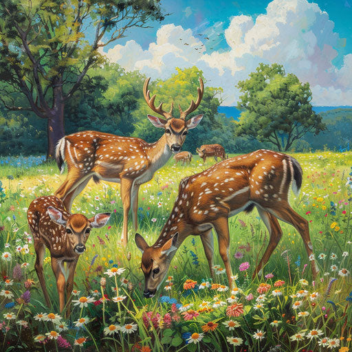 Family of Yezo sika deer grazing in a wildflower meadow in full bloom
