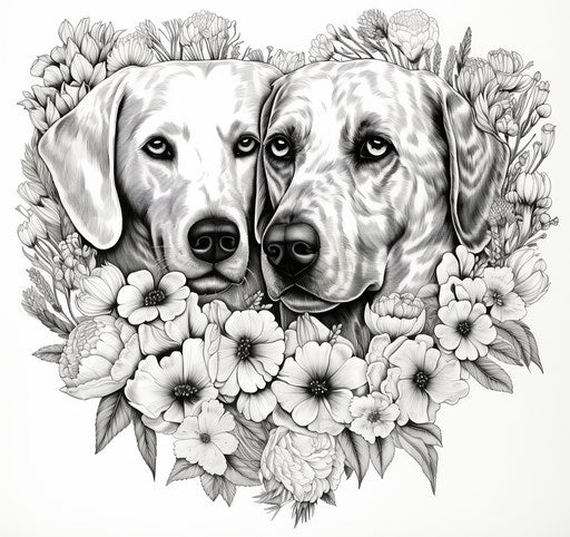 Two dalmatian flowers in an outline heart shape