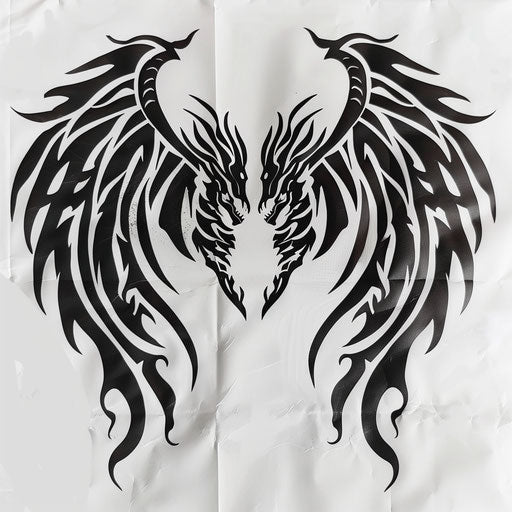 Tribal dragon wings tattoo stencil with bold black lines on a white sheet