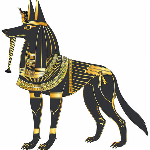 Ancient Egyptian god Anubis in stylized tribal design in gold and black