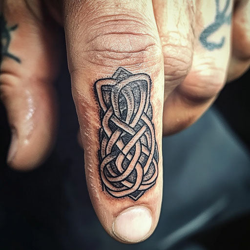 Tiny finger tattoos in the Glenn Fabry style with intricate Celtic knots