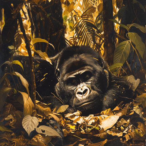 Serene gorilla in leaf nest bathed in golden light