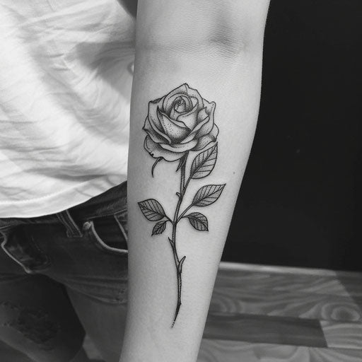 Simple yet striking tattoo sketch of an amber rose in monochromatic style