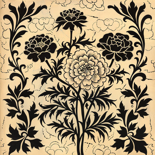 Tribal tattoo sketch of marigolds featuring bold black patterns and cultural symbols associated with October