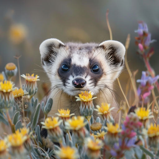 A black-footed ferret peeking from behind a wildflower