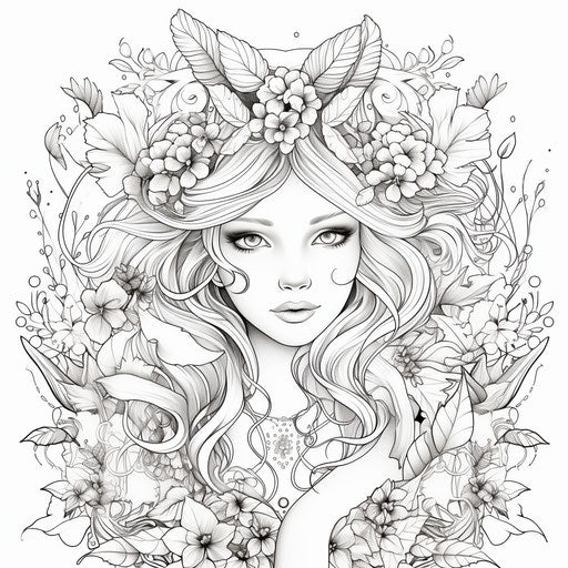 A fairy coloring page with wreaths and leaves