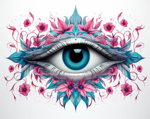 All-seeing eye on white background, floral patterns, pink and azure, mystery, chicano art, psychological intensity, contrasting balance