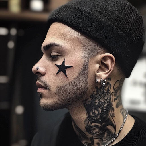 Facial tattoos for men with a minimalist star, in the style of Ami James