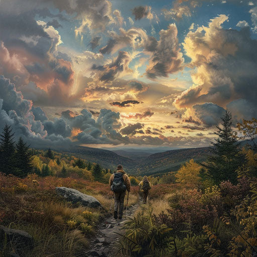 Hikers in the Pocono Mountains under dramatic skies