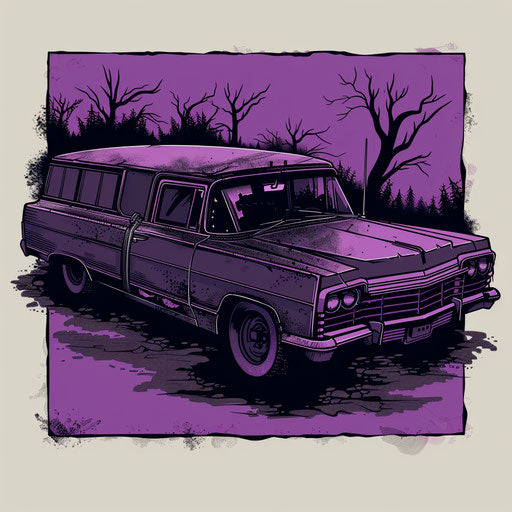 Gothic hearse car tattoo sketch in flat clipart style