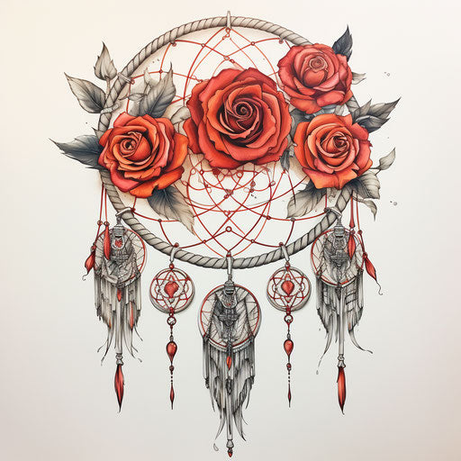 Dream catcher with roses, feathers, wings, art deco style
