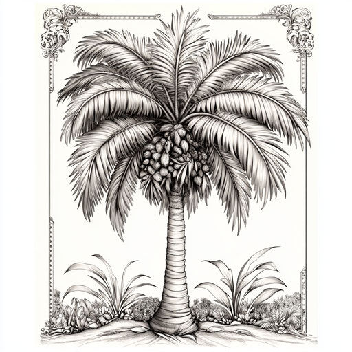 Victorian palm tree illustration with intricate designs in the style of Mark Schultz,Coloring book page