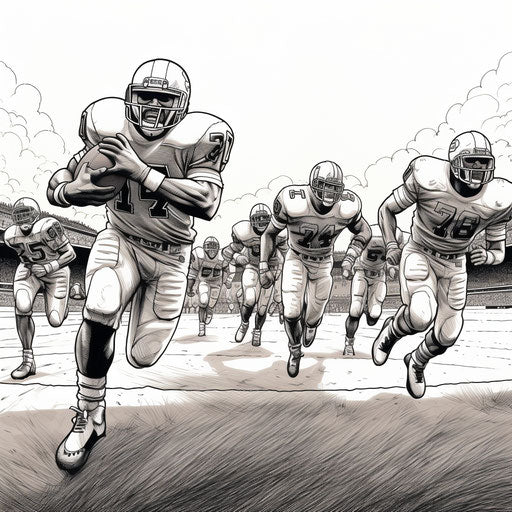 Football players running the field for the touchdown, in meticulous inking style, rtx on, commission for