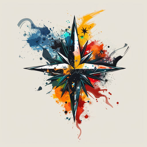 Dynamic sketch of the North Star with explosive abstract patterns and sharp contrasting colors