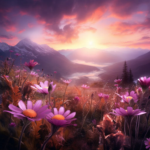 Sunrise in the mountains with wild flowers
