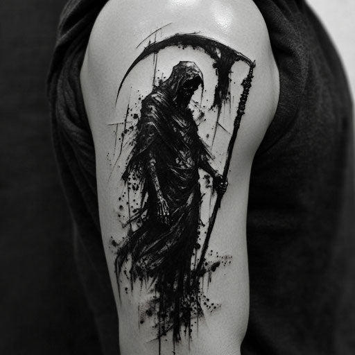 Men's upper arm tattoos with a scythe-holding grim reaper