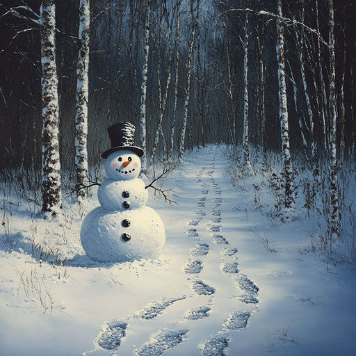 Snowman at edge of snowy forest, footprints leading to feet