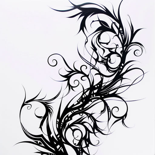Tribal vine tattoo design, bold black lines on white background