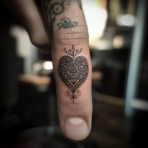 Heart tattoo on finger with intricate mandala patterns in the background