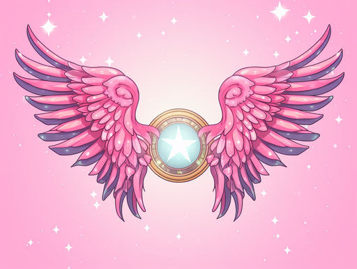 Two pink wings with stars in the background