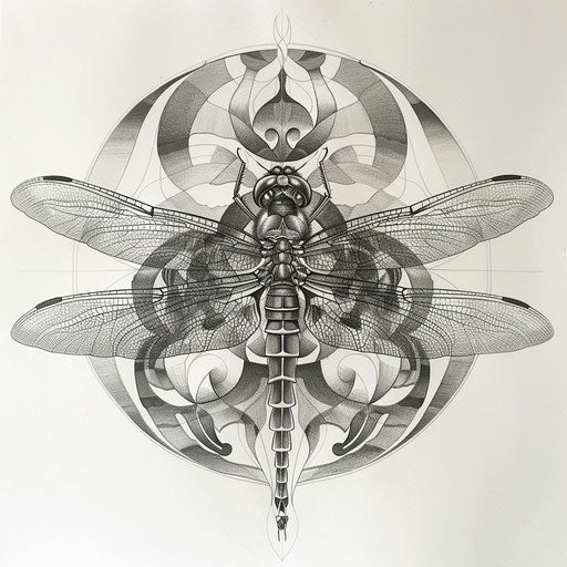 Stylized abstract design of a dragonfly, escher-inspired style, detailed graphite sketches, maori art, symmetrical arrangement, tondo, furaffinity