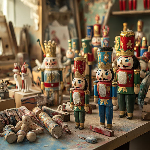 Whimsical Nutcracker workshop with elves repairing and painting old figures for holiday displays