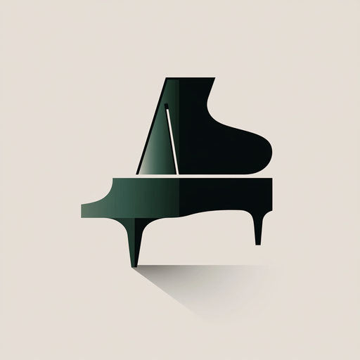 Creative music logo with stylized grand piano design, elegant sans-serif typography, dark green and black colors blend, on flat light gray background.