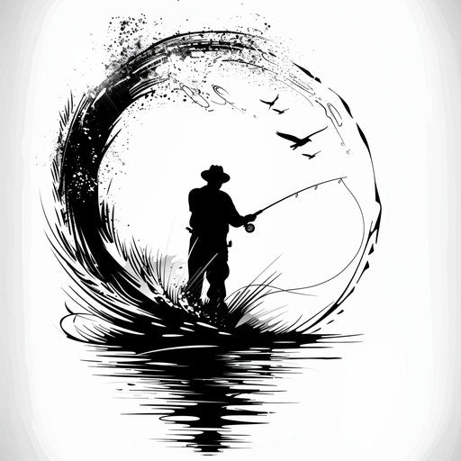 Silhouette of fly fishing scene on white background