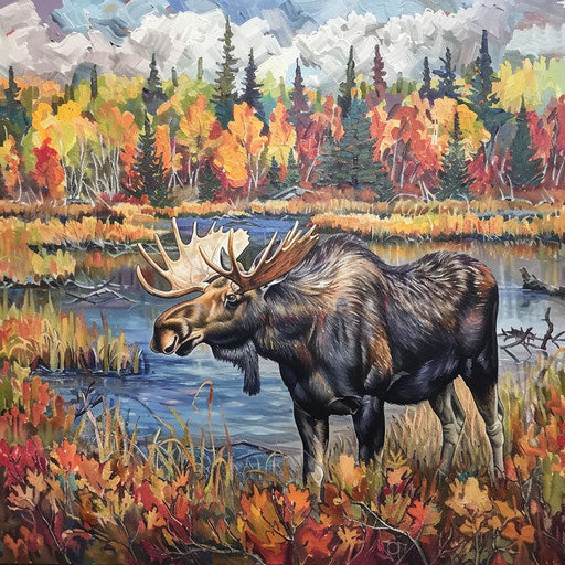 A moose navigating through marshlands with a backdrop of vibrant autumn foliage.