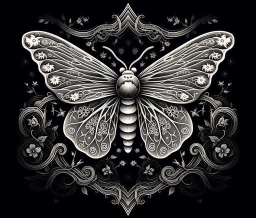 Drawing of moth(s) in intricate linework, nightmarish style, gray and bronze