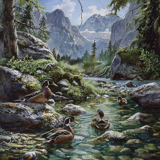 A family of wood ducks foraging along the shore of a crystal-clear mountain stream