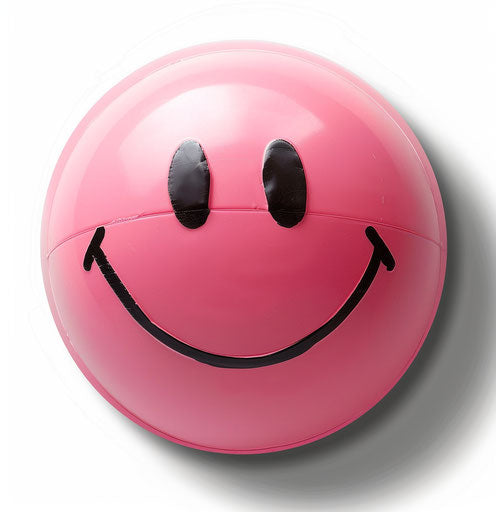 Pink smiling face illustration, white background, on the right side of the page