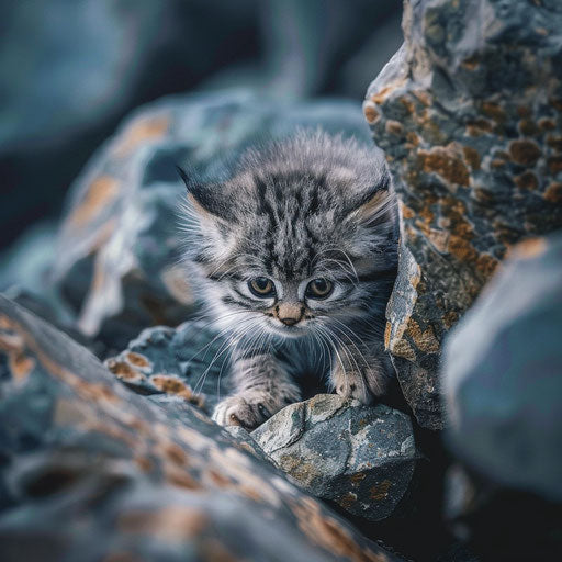 Pallas's cat kitten playing among rocks