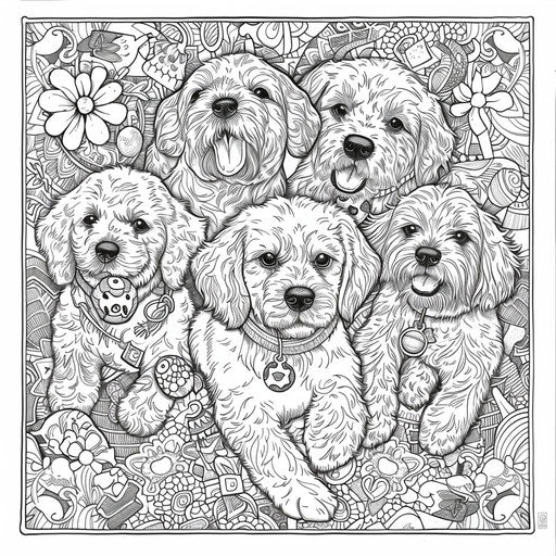 Intricate design of puppies playing with toys. Coloring book page