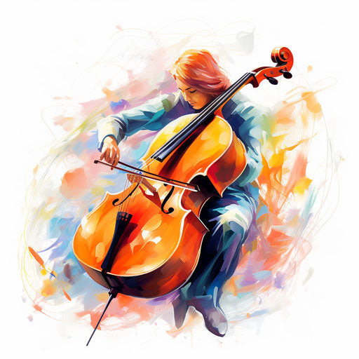 Cello clipart in the style of Impressionistic Art, on a white background