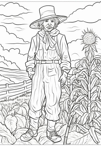 Printable scarecrows coloring page in autumn, saturated color fields style