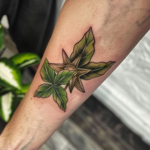 Eco-themed nautical star tattoo with green leaves