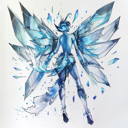 Ice fairy tattoo design with crystalline wings and cool blue tones