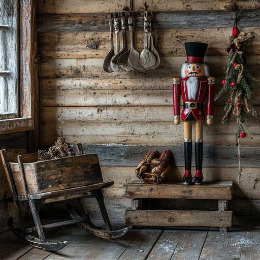 The rustic cabin with a Nutcracker by a wooden sled