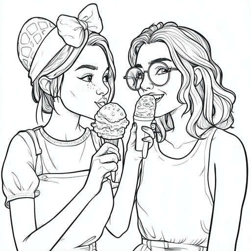 Two best friends enjoying ice cream together, in the style of Jen Bartel, Coloring book page