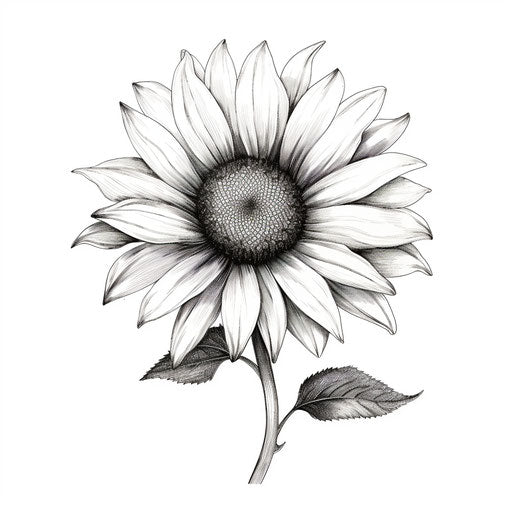 Black and white sunflower drawing, minimalist style