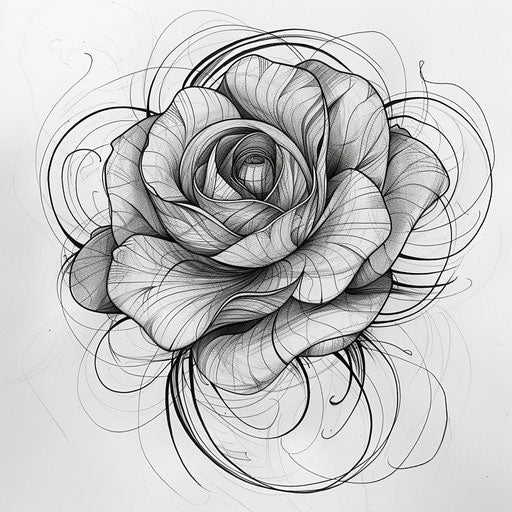 Flat tattoo sketch of a rose with dynamic swirling lines and elegant curves