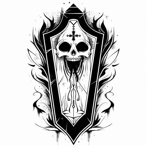 Bold sketch of a coffin in flat tattoo style